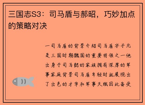 三国志S3：司马盾与郝昭，巧妙加点的策略对决